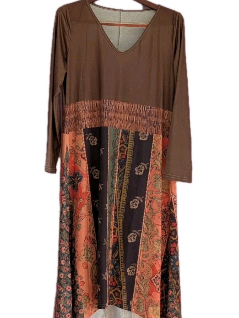Boho Midi Dress Hi Low Long Sleeve V-Neck Mixed Print Floral Patchwork Brown XXL